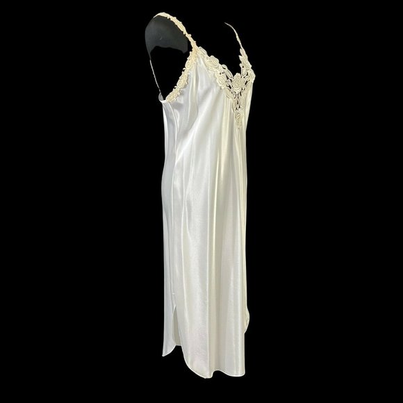 Dentelle White Satin Long Nightgown Set Size M Vintage 1980s USA lace Applique - Picture 1 of 7
